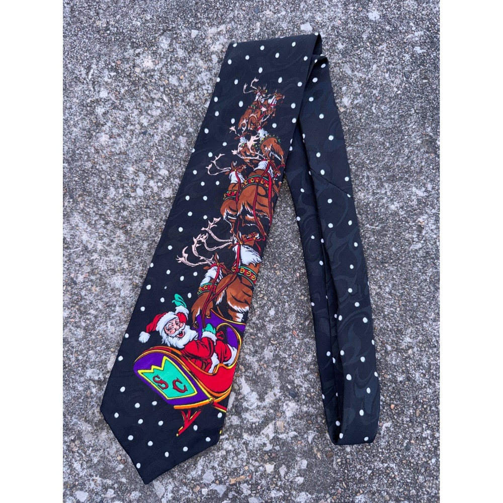 Addiction Mens Christmas Tie Black Santa Claus Sleigh Reindeer Polka Dot Novelty